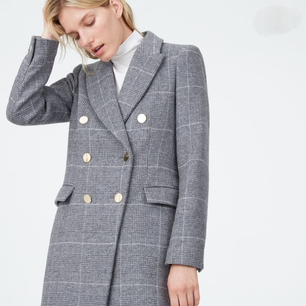 Club Monaco Jemma Grey Plaid Double Breasted Wool Blend Coat Jacket Size Medium